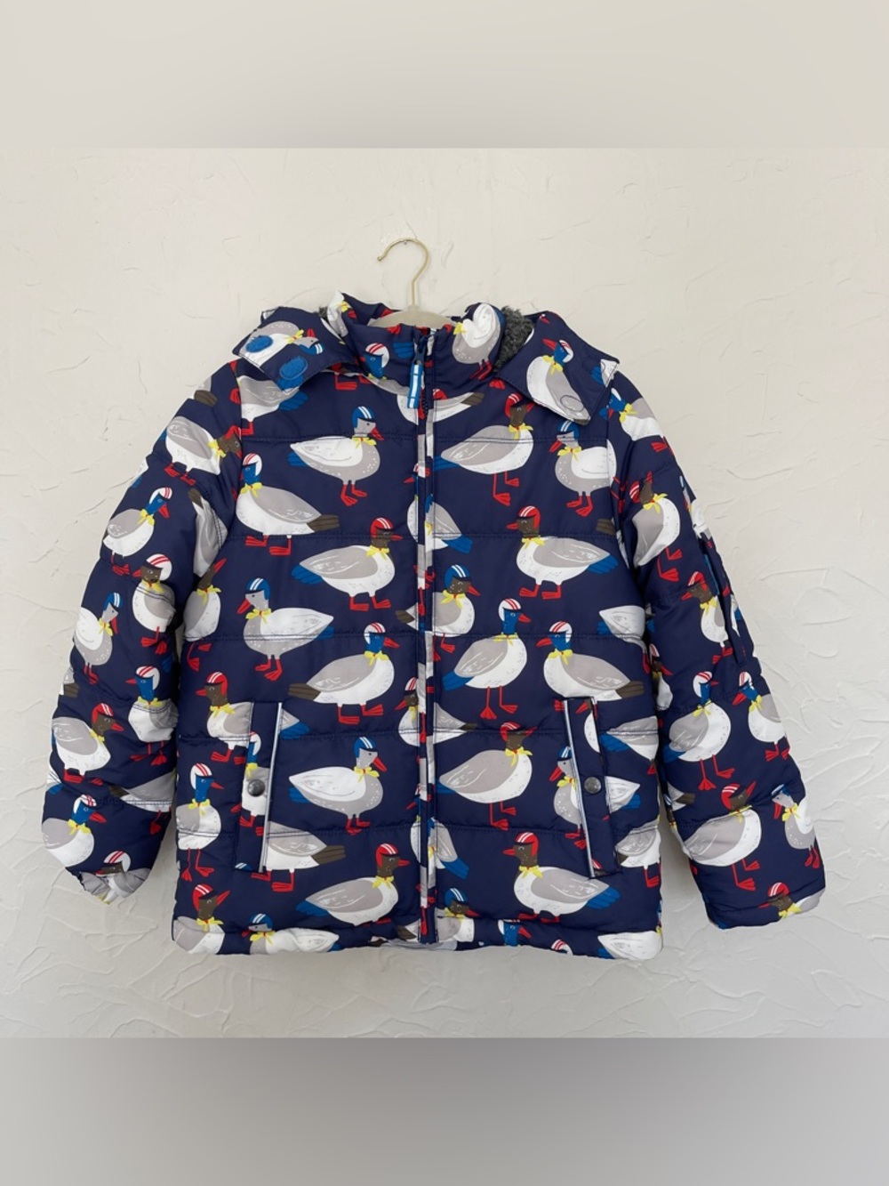 Kids Mini Boden Duck Printed Winter Jacket. Size 11-12 Y